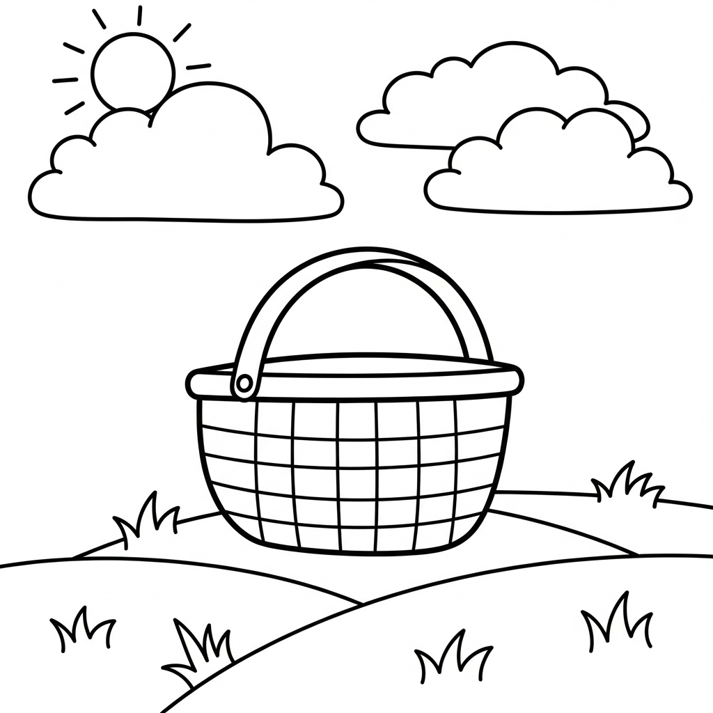 Facile Dessin à Colorier Panier de Pique-nique à Carreaux sur un Champ Verdoyant coloring page