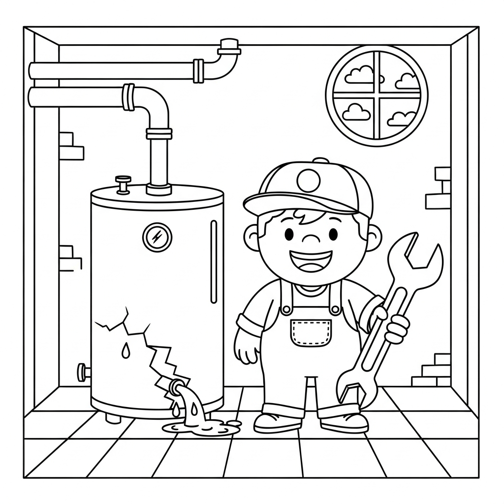Página para Colorear: Plomero al Lado de un Calentador de Agua Roto coloring page printable