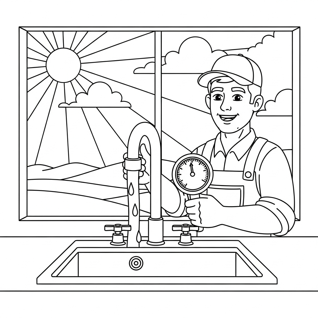Dibujo para Colorear de Un Fontanero Comprobando la Presión del Agua en un Fregadero coloring page