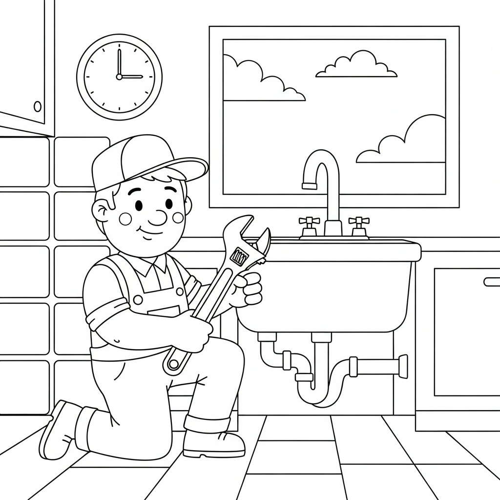 Plumber Fixing a Kitchen Sink Coloring Page for Kids coloring page