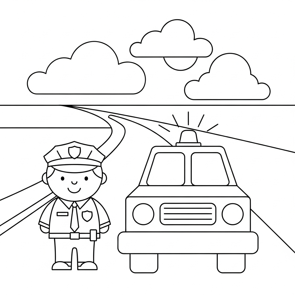 Fun Police Car Coloring Page with Officer for Kids coloring page