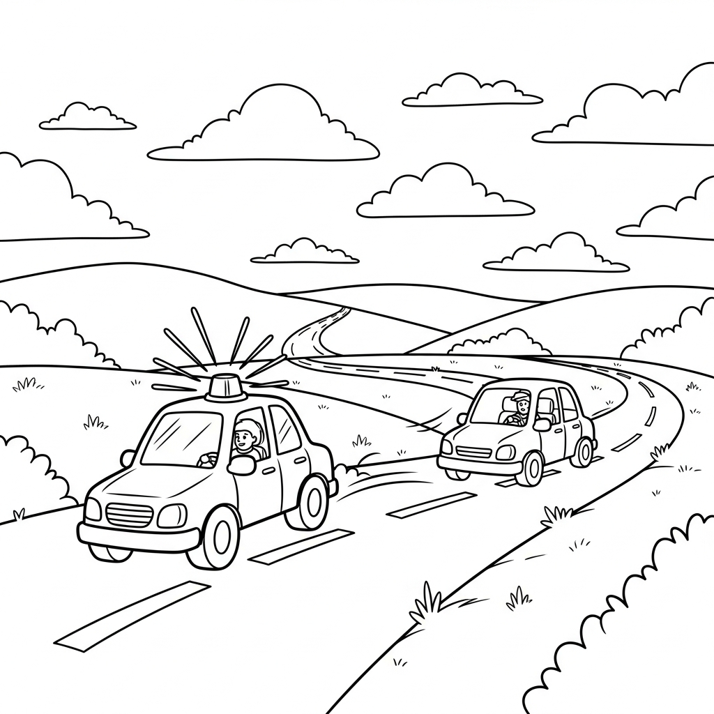 Fun Police Car Chase Coloring Page for Kids coloring page printable