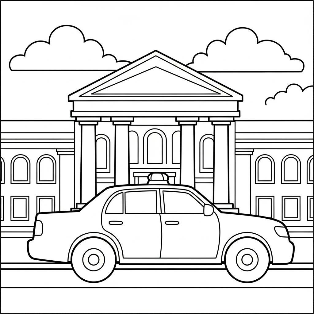 Easy Police Car Coloring Page in Front of Courthouse coloring page