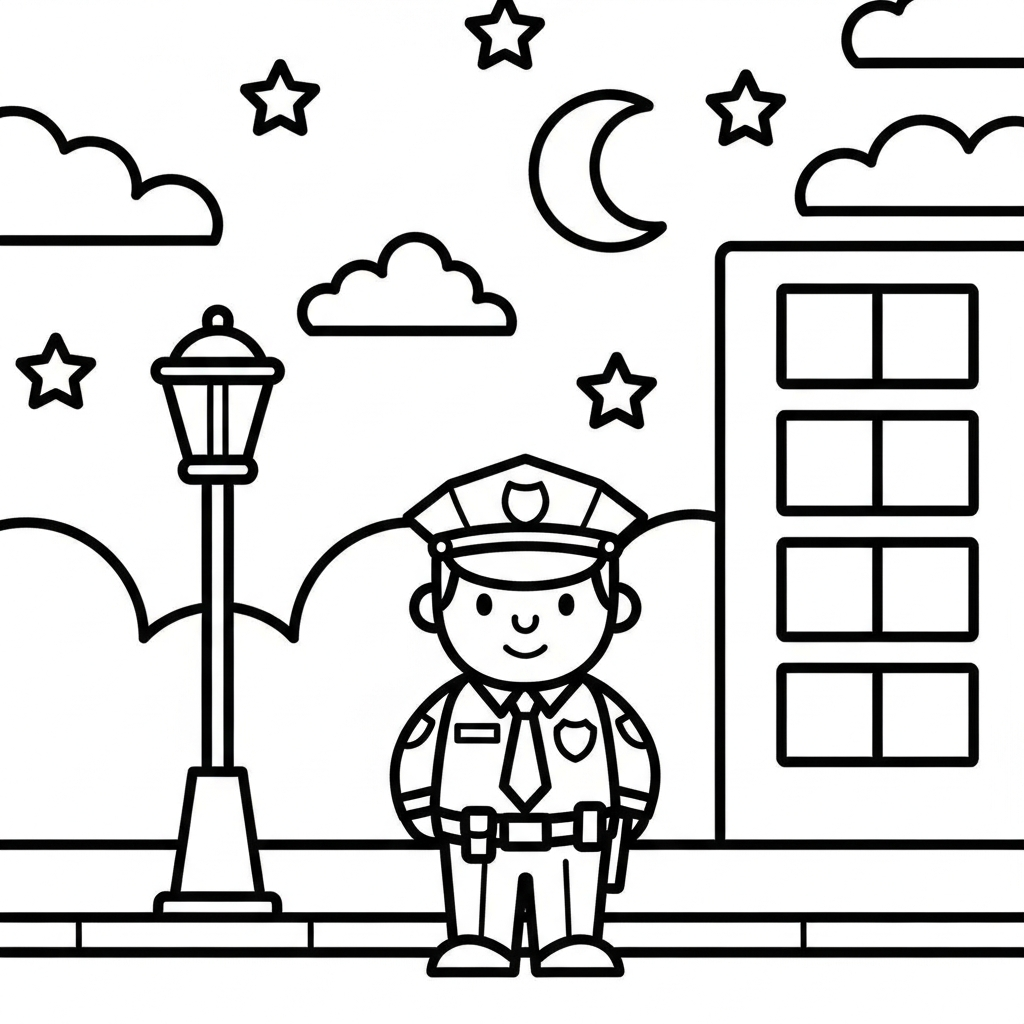Page de coloriage simple et facile : Policier en patrouille nocturne coloring page