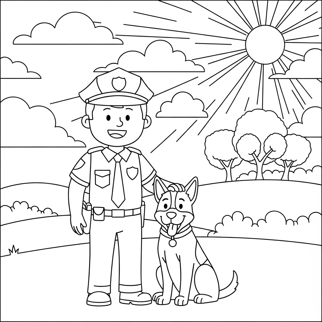 Fun Police Officer and Dog Coloring Page for Kids coloring page