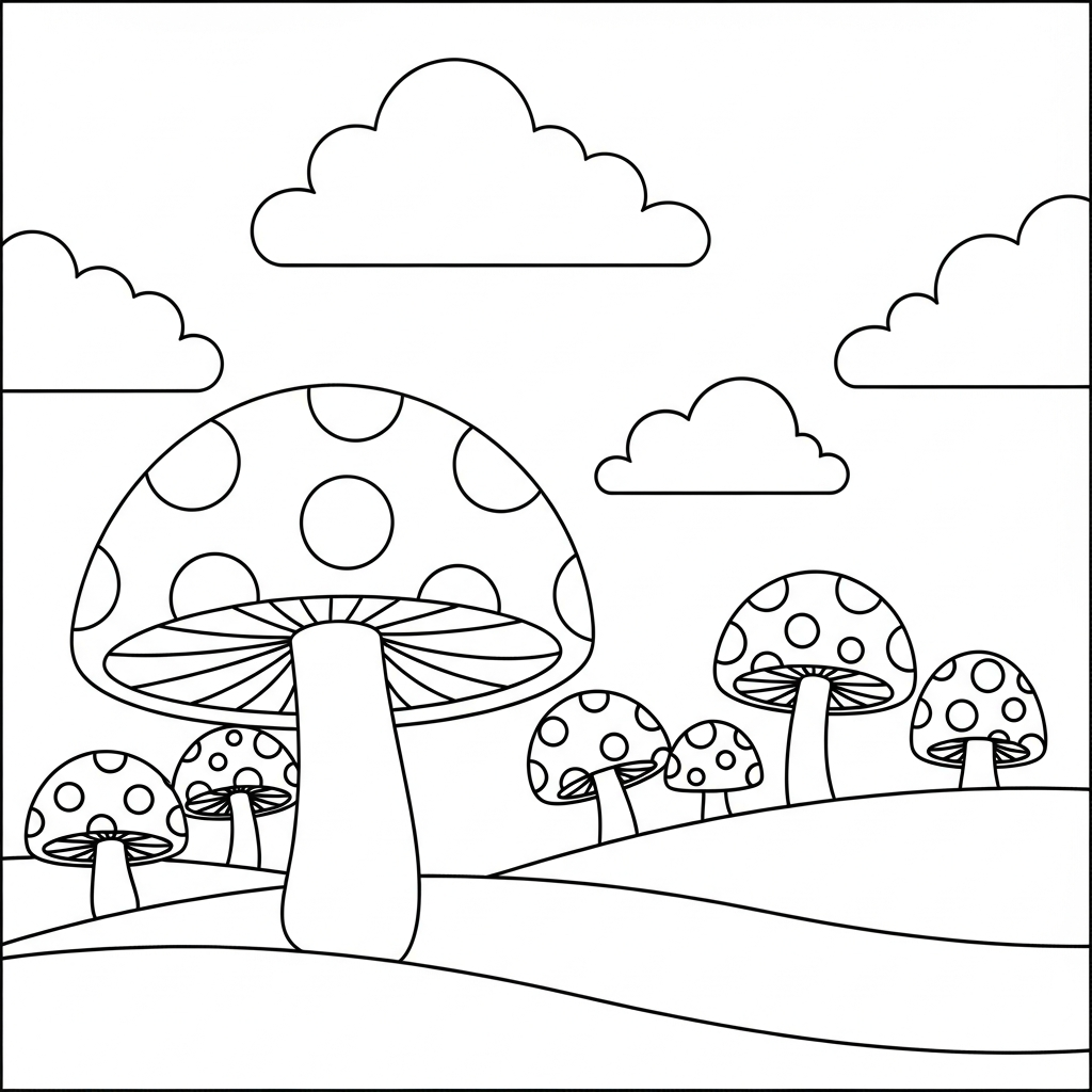 Página para Colorear de Bosque de Hongos con Lunares coloring page printable