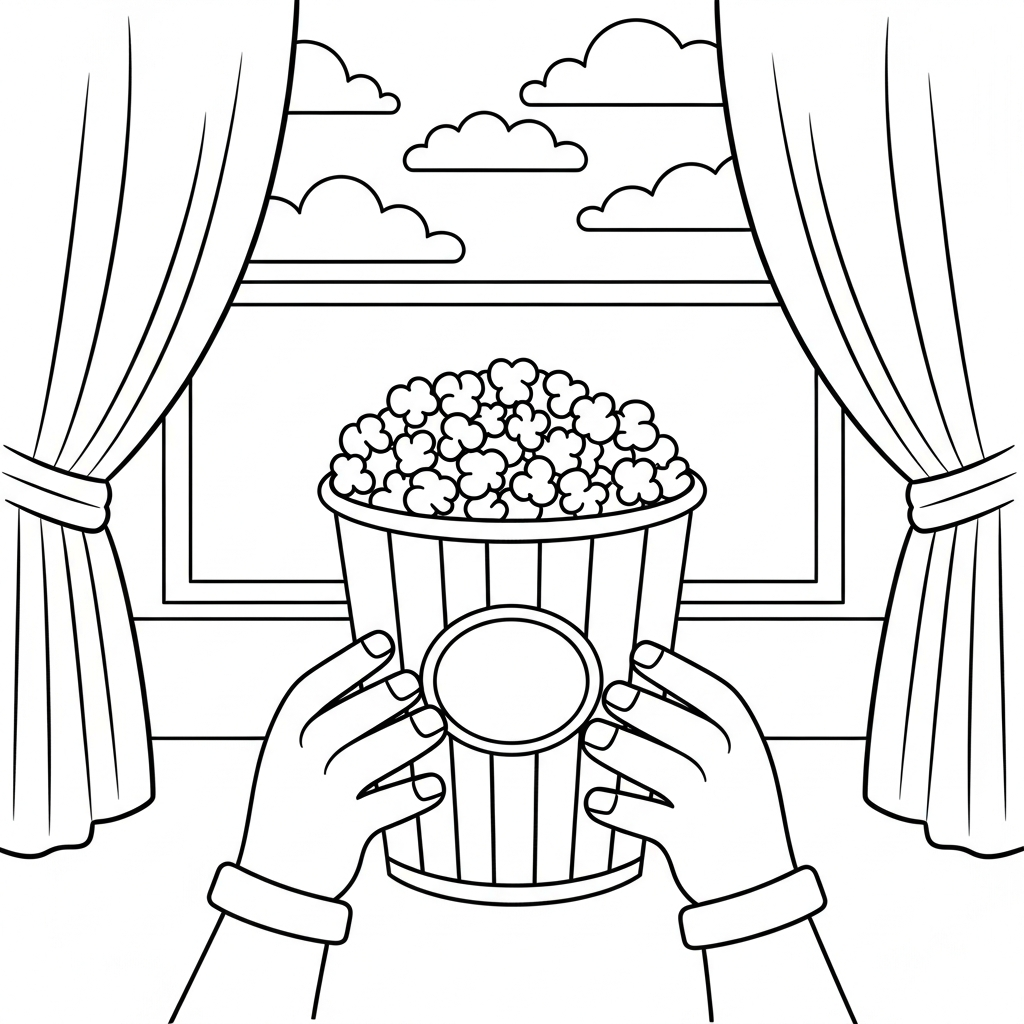 Page à Colorier Facile : Seau de Popcorn Tenue à Deux Mains coloring page