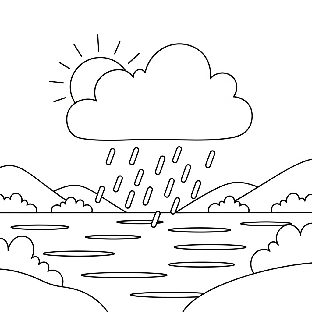 Fun and Easy Rain Cloud Over Lake Coloring Page for Kids coloring page