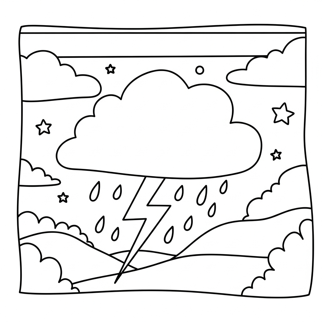 Simple Rain Cloud with Lightning Coloring Page for Kids coloring page