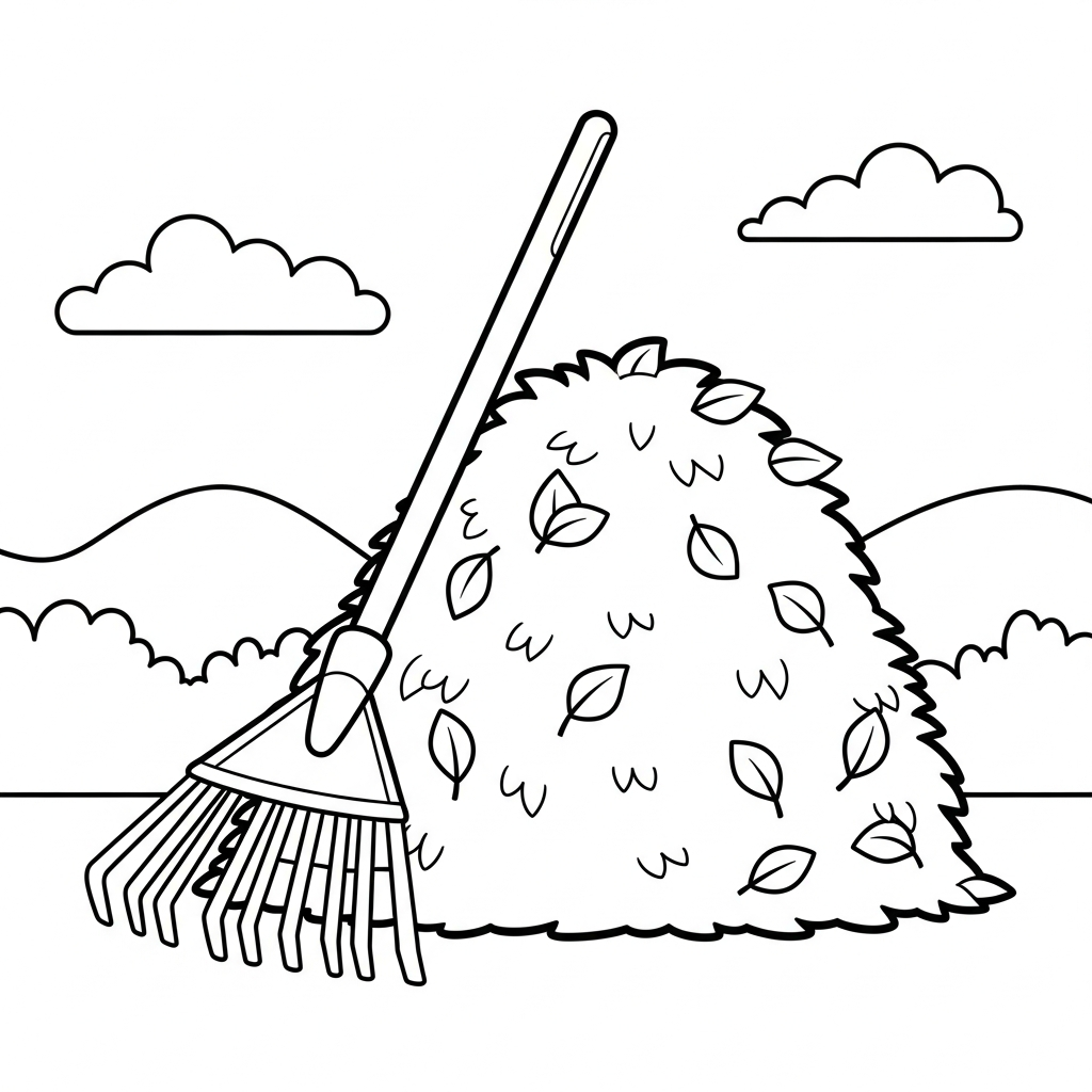 Fun Rake and Leaf Coloring Page for Kids coloring page