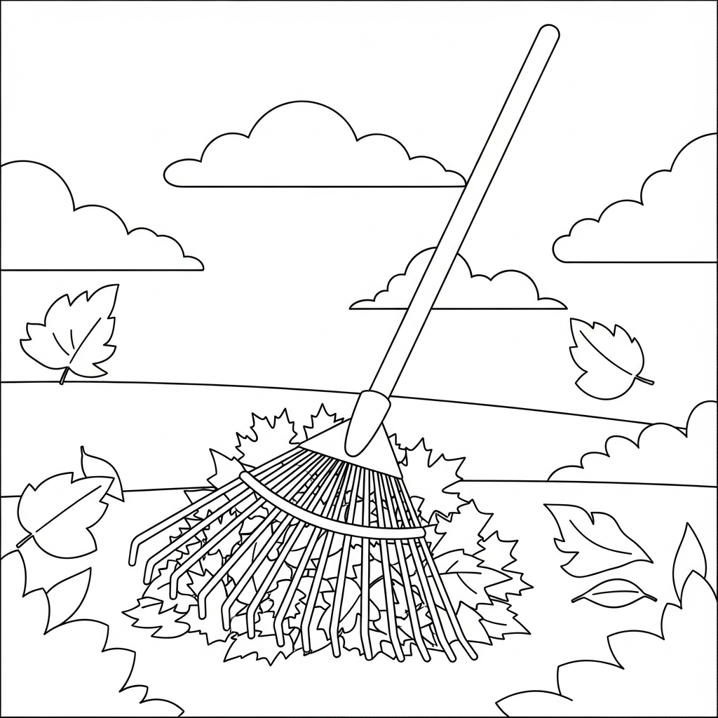 Autumn Leaves Rake Coloring Page for Kids coloring page