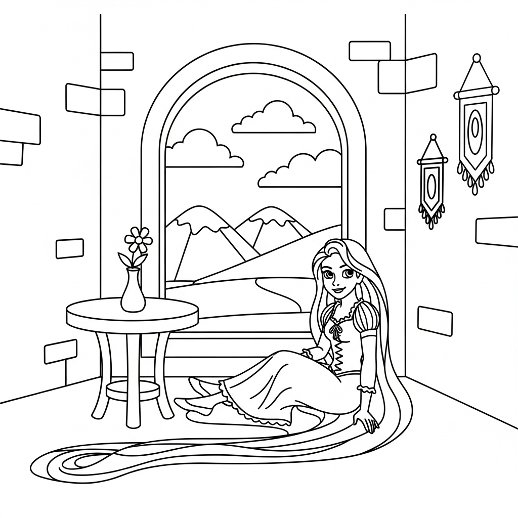 Kids' Easy Rapunzel Tower Room Coloring Page coloring page