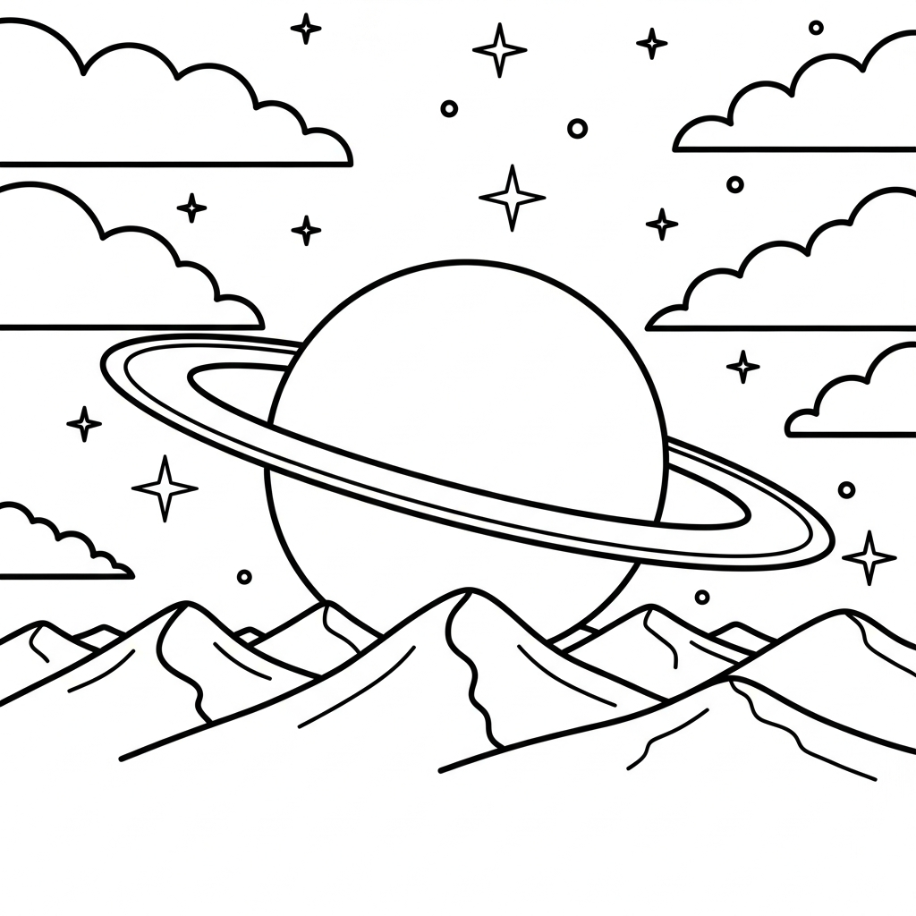 Página para Colorear: Planeta Anillado Fácil Sobre el Horizonte de Montañas coloring page