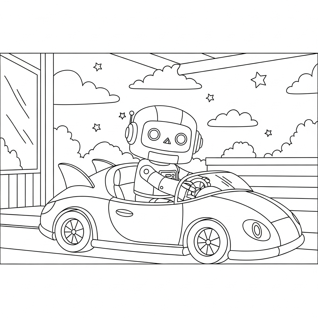 Robot Driving a Futuristic Car Coloring Page for Kids coloring page