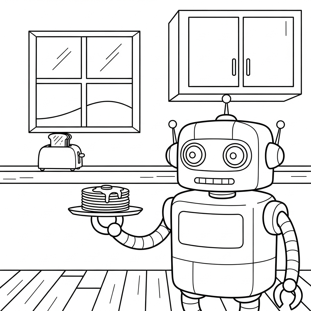 Fun Robot Serving Food in the Kitchen Coloring Page coloring page
