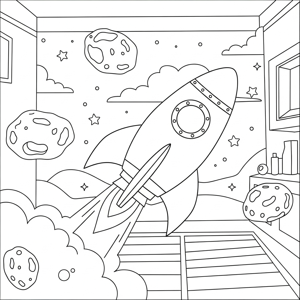 Página para Colorear un Cohete Simple Viaje entre Asteroides coloring page
