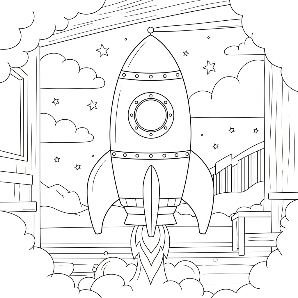 Fun Rocket Ship with Astronauts Coloring Page for Kids coloring page