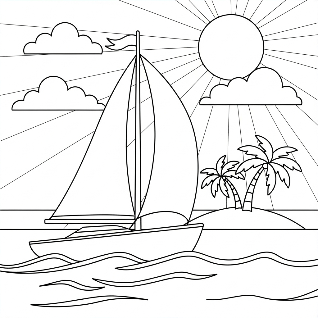 Página para Colorear de Velero Sencillo Cerca de una Isla Tropical coloring page