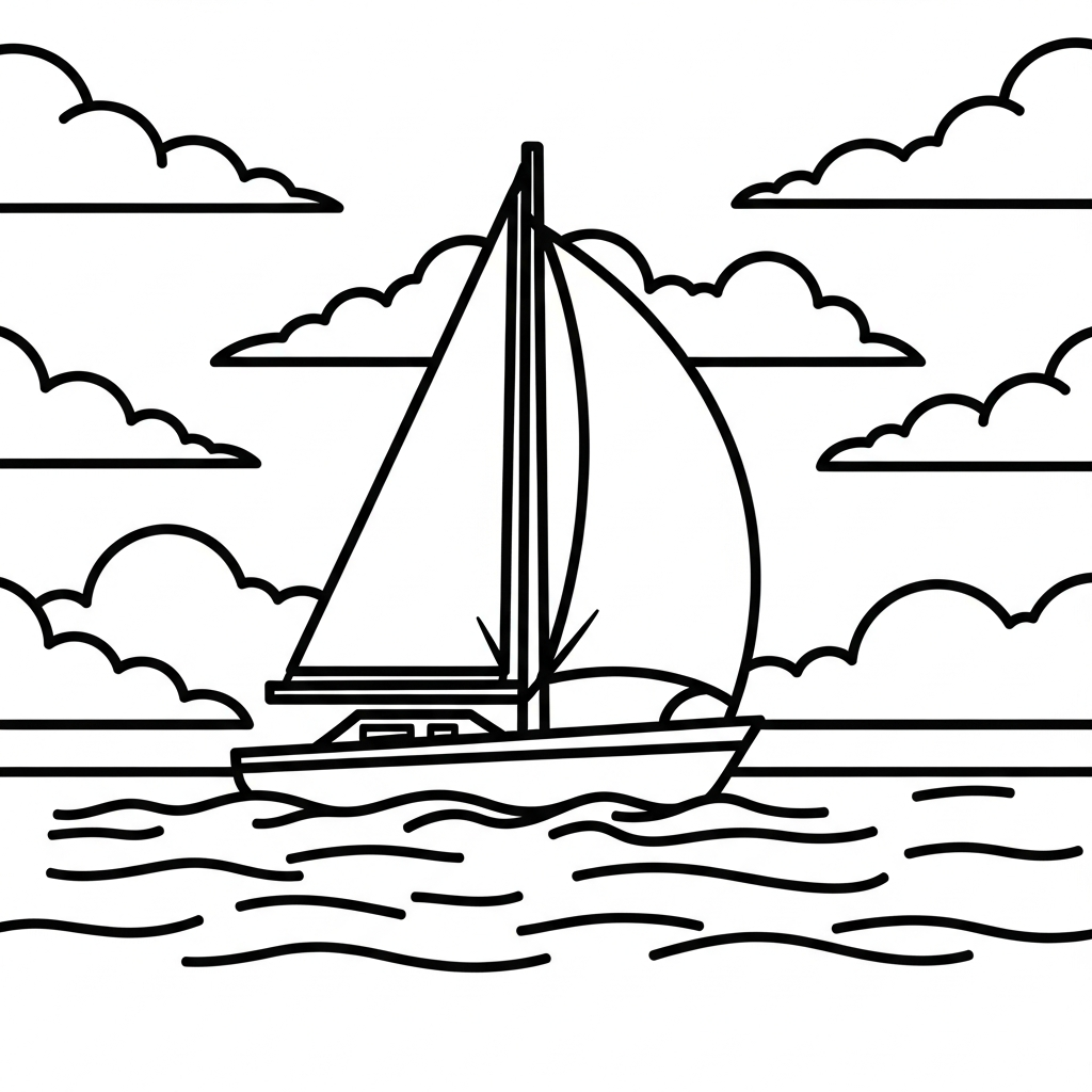 Page à Colorier Bateau à Voile Simple sous un Ciel Nuageux coloring page