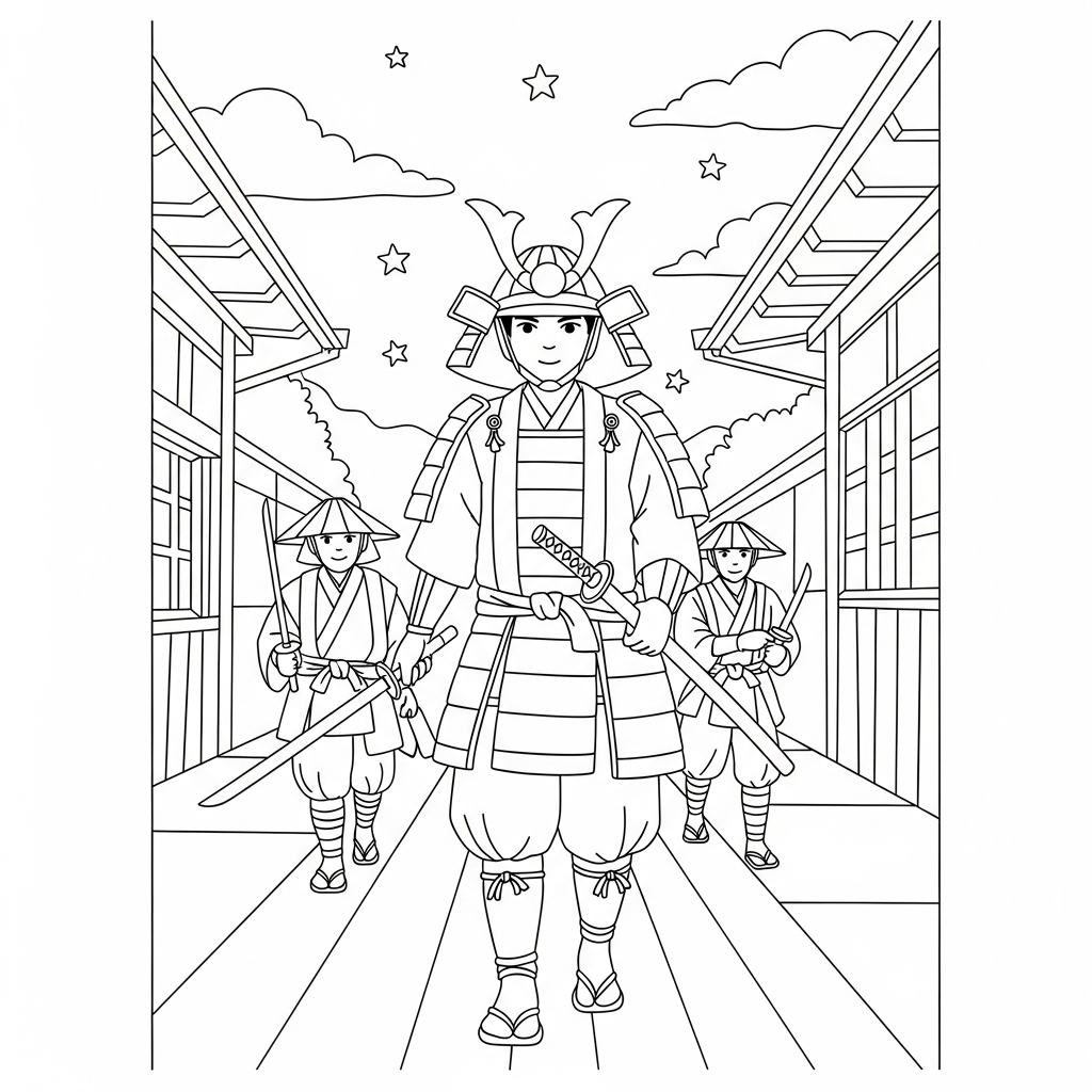 Simple Samurai Coloring Page – Marching Through Feudal Japan coloring page