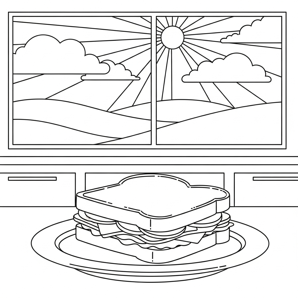 Einfaches Sandwich auf dem Küchentisch Ausmalbild coloring page printable