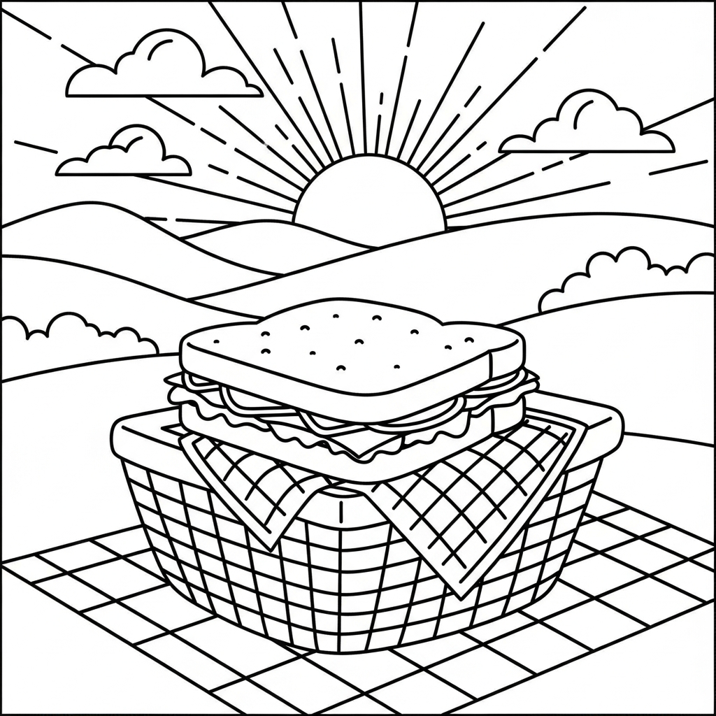 Einfache Sandwich-Ausmalbild im Picknickkorb coloring page printable