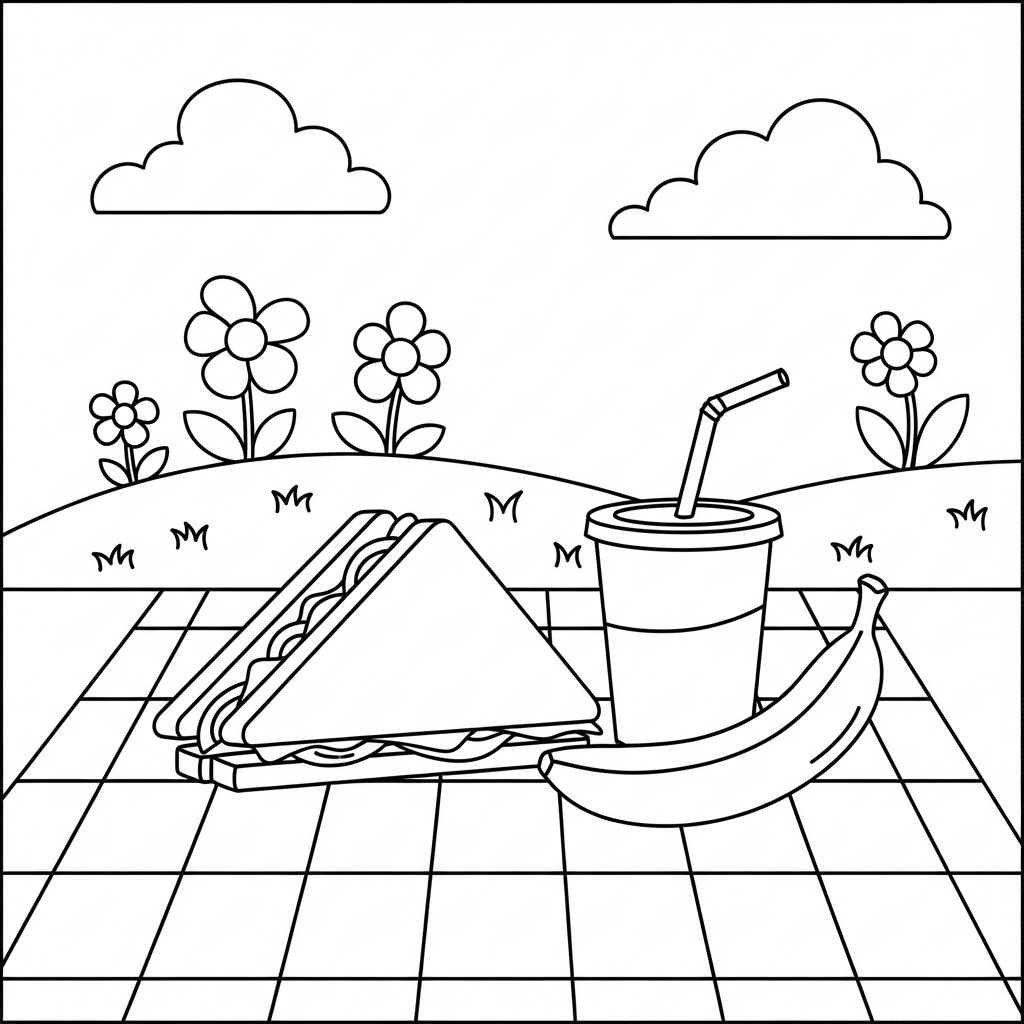 Fun Sandwich with Fruit and Drink Coloring Page for Kids coloring page