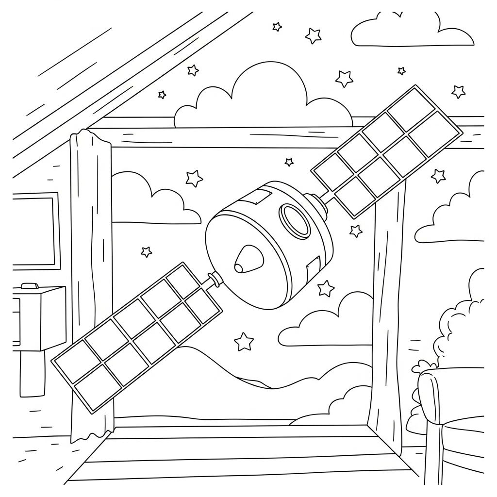Página para Colorear de un Satélite Flotando Entre Estrellas coloring page