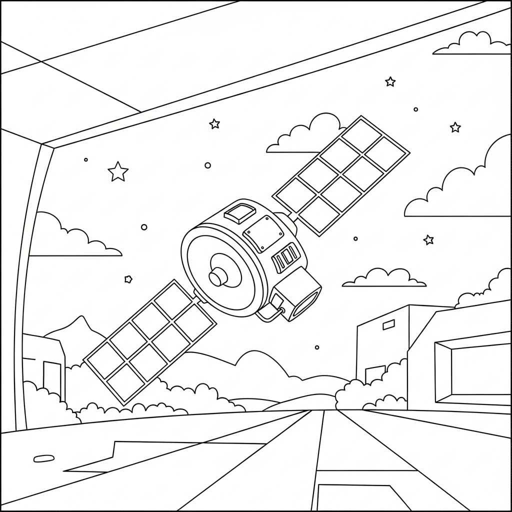 Fun and Easy Satellite Coloring Page in a Futuristic Space Scene coloring page