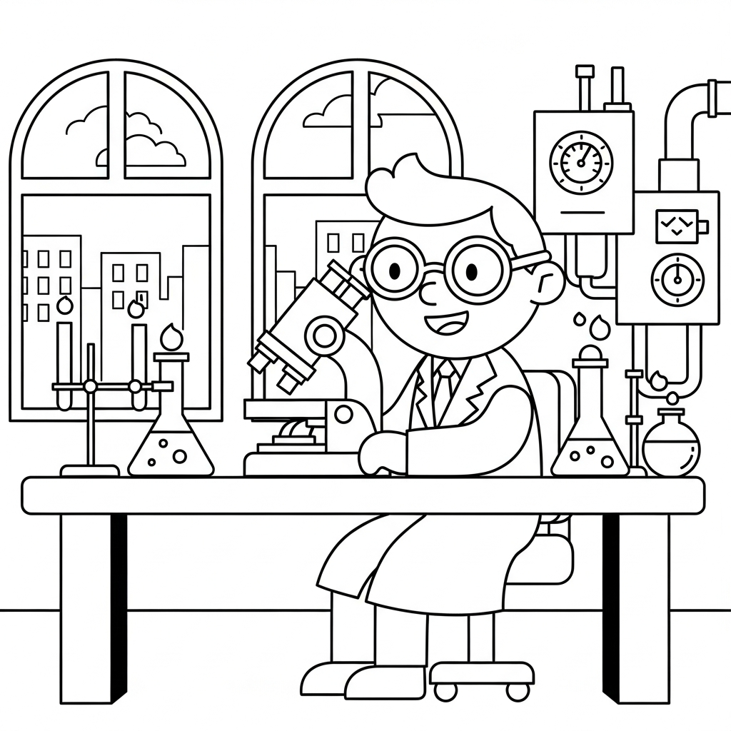Facile Dessin à Colorier pour Enfant : Scientifique au Bureau avec Microscope coloring page