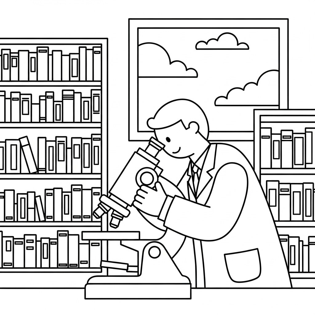 Einfaches Ausmalbild eines Wissenschaftlers am Mikroskop coloring page printable