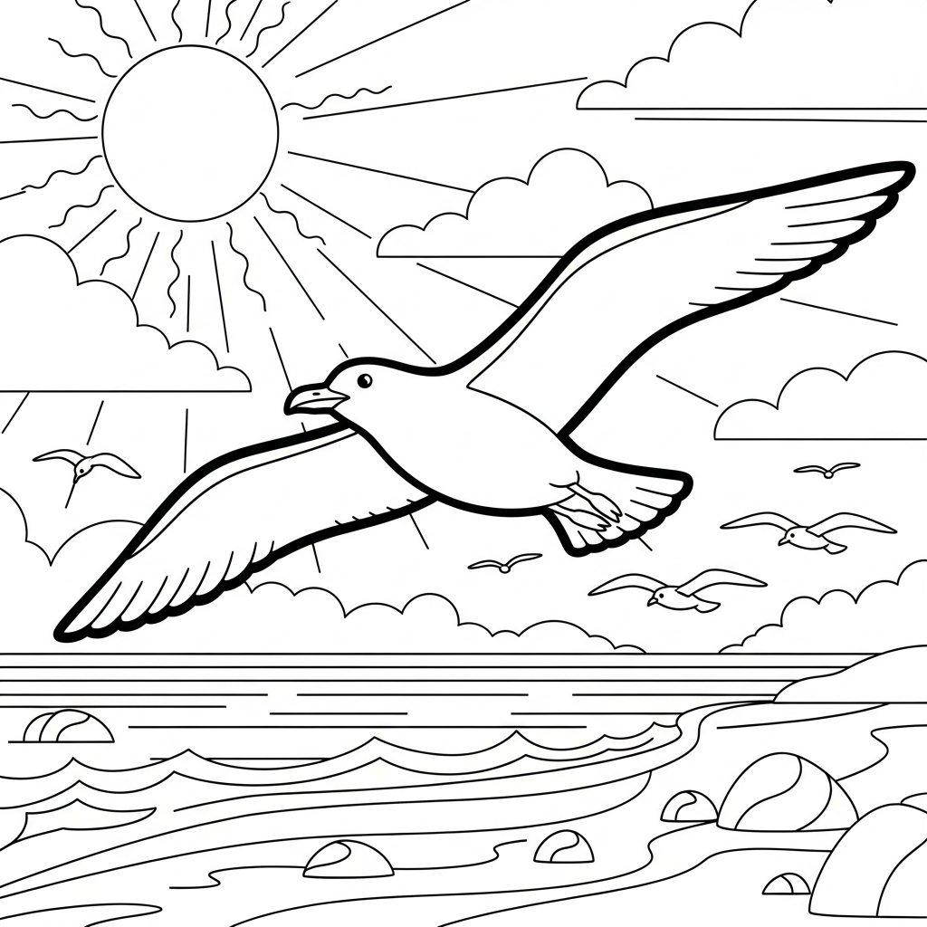 Relaxing Seagulls Flying Over Shoreline Coloring Page coloring page