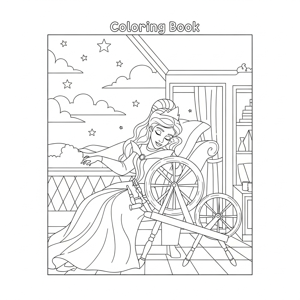Página para Colorear de La Bella Durmiente con Rueda de Hilar coloring page