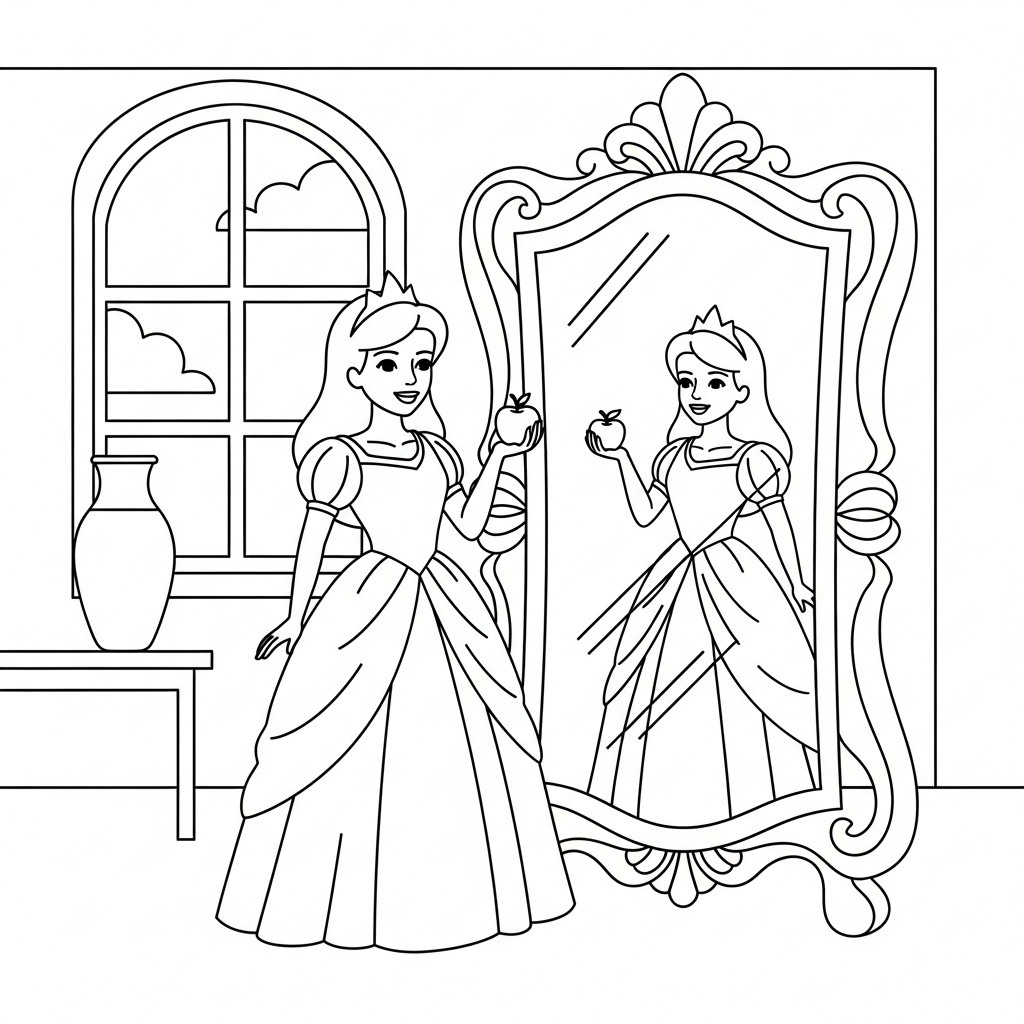 Snow White Coloring Page: Simple & Fun with Mirror and Apple coloring page