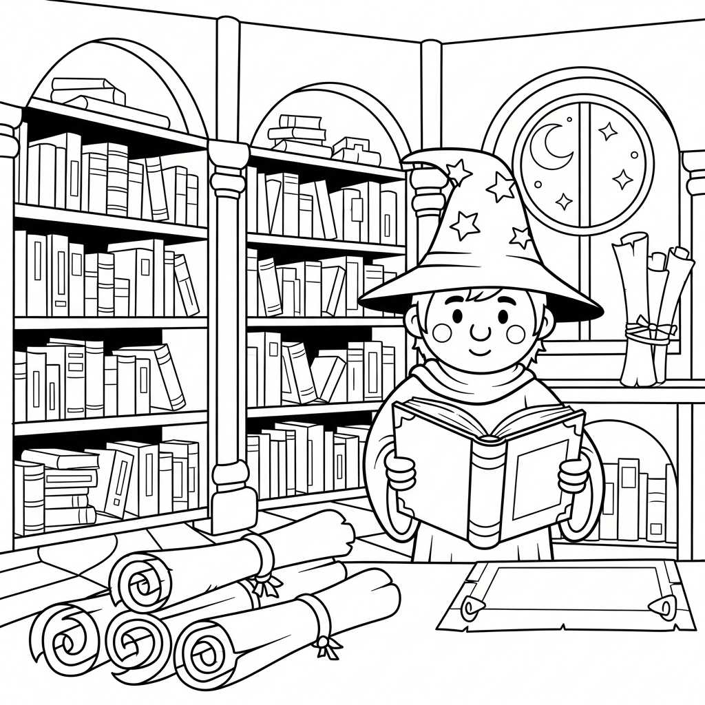 Eenvoudige Tovernaar In Een Bibliotheek Vol Spreuken En Perkamenten Kleurpagina coloring page