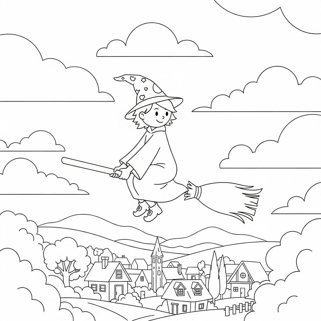 Fun Sorcerer Flying on a Broom Coloring Page for Kids coloring page