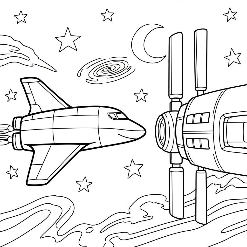 Fun Space Station Docking with Spaceship Coloring Page for Kids coloring page