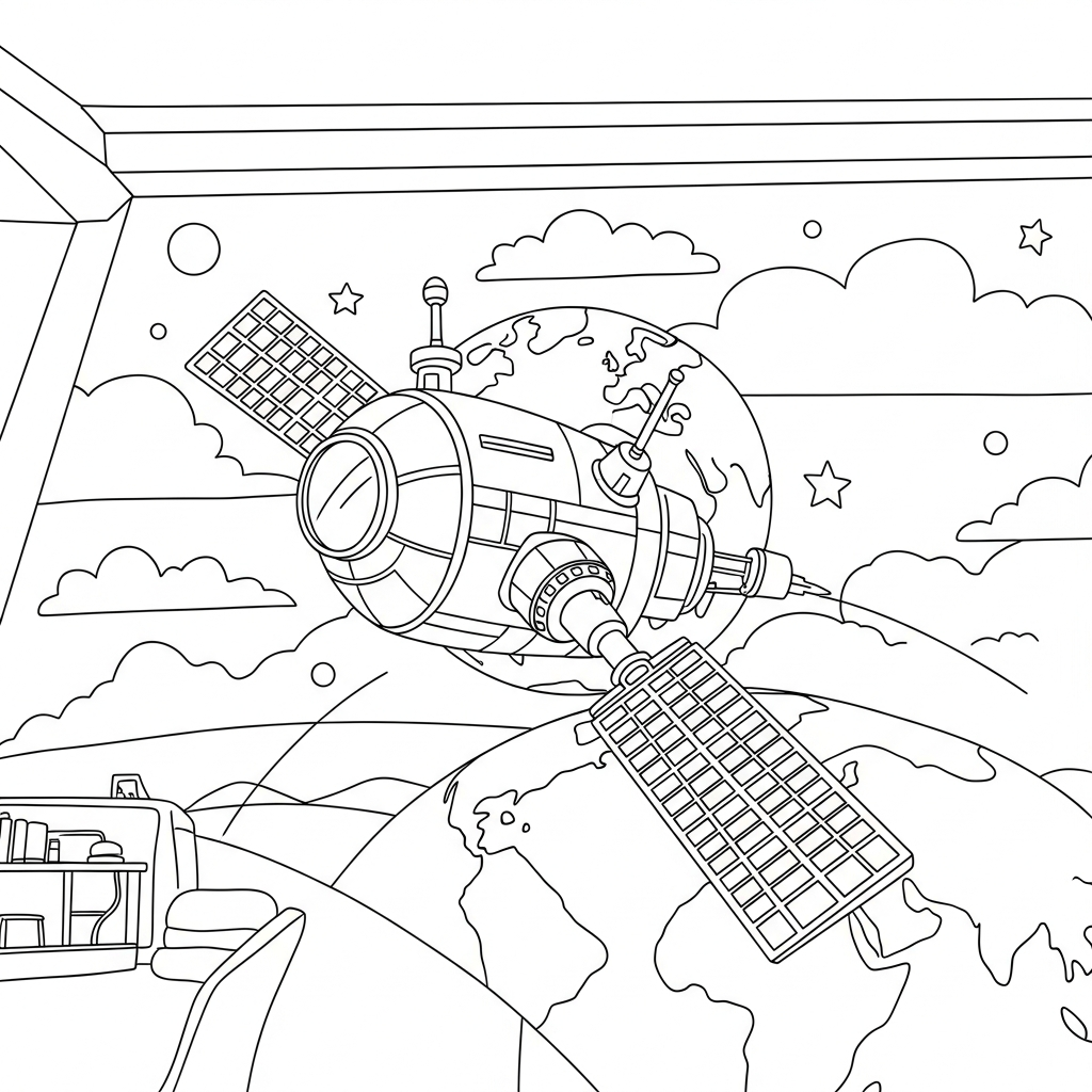Fun Space Station Orbiting Earth Coloring Page for Kids coloring page