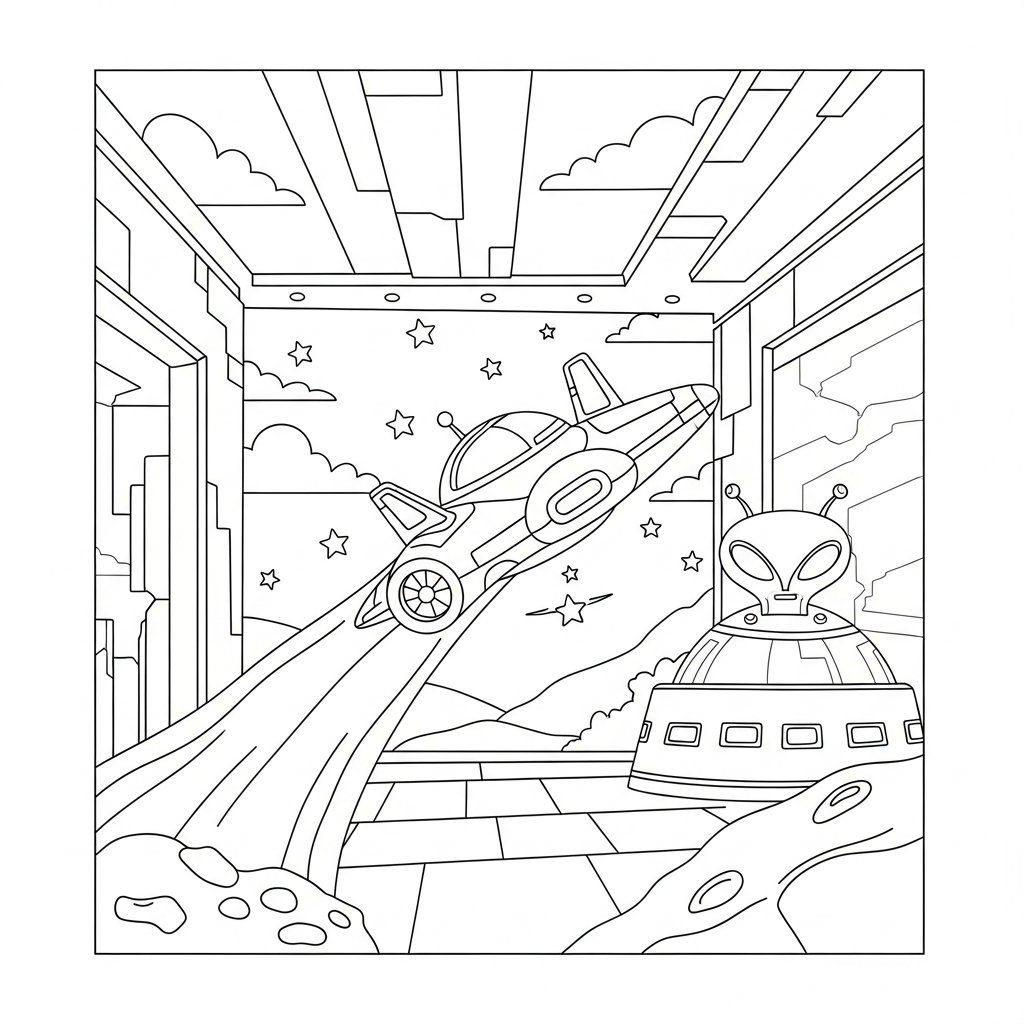Fun Spaceship and Alien Base Coloring Page for Kids coloring page