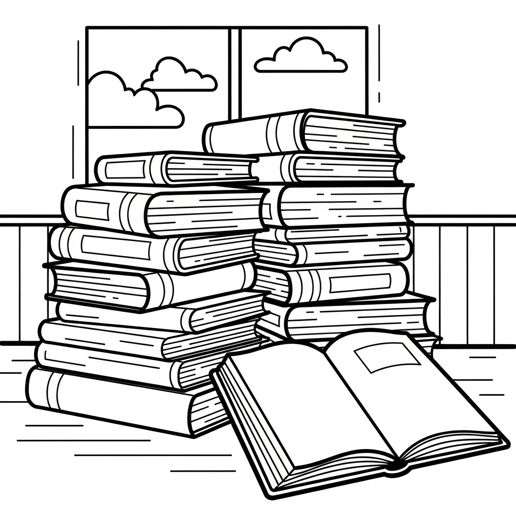 Página para Colorear: Montón de Libros y Cuaderno Abierto coloring page printable