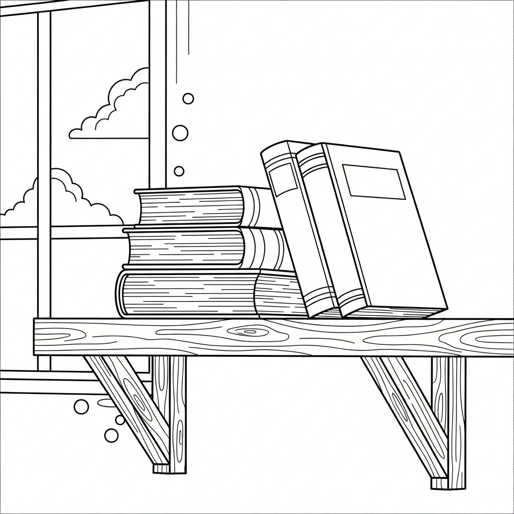 Página Para Colorear de Una Sencilla Torre de Libros en Estante de Madera coloring page printable