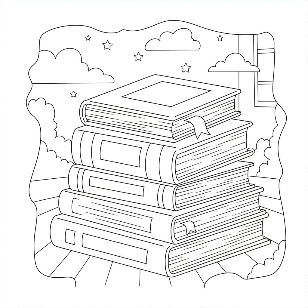 Página Para Colorear: Montón de Libros con Marcador coloring page printable