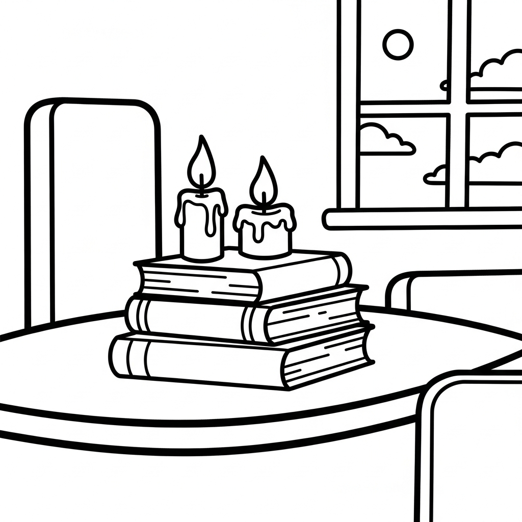 Fun Stack of Books with Candles Coloring Page coloring page