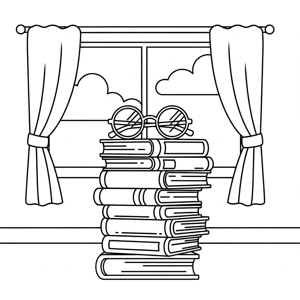 Página Para Colorear: Montón de Libros con Gafas coloring page printable