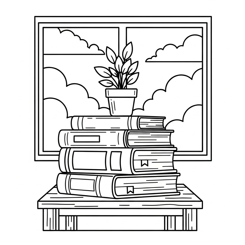 Easy Stack of Books with Plant Coloring Page coloring page