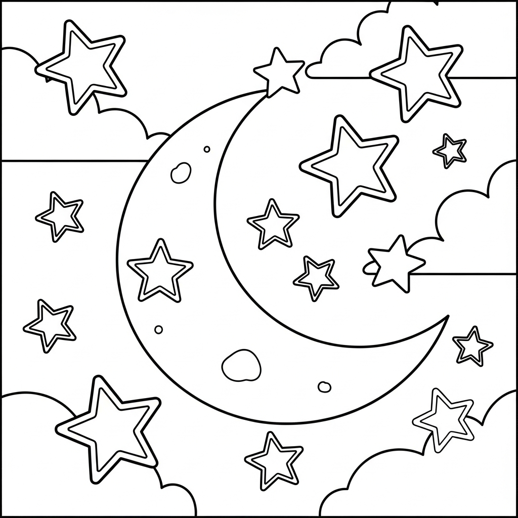 Página para Colorear de Estrellas Simples Alrededor de una Luna coloring page