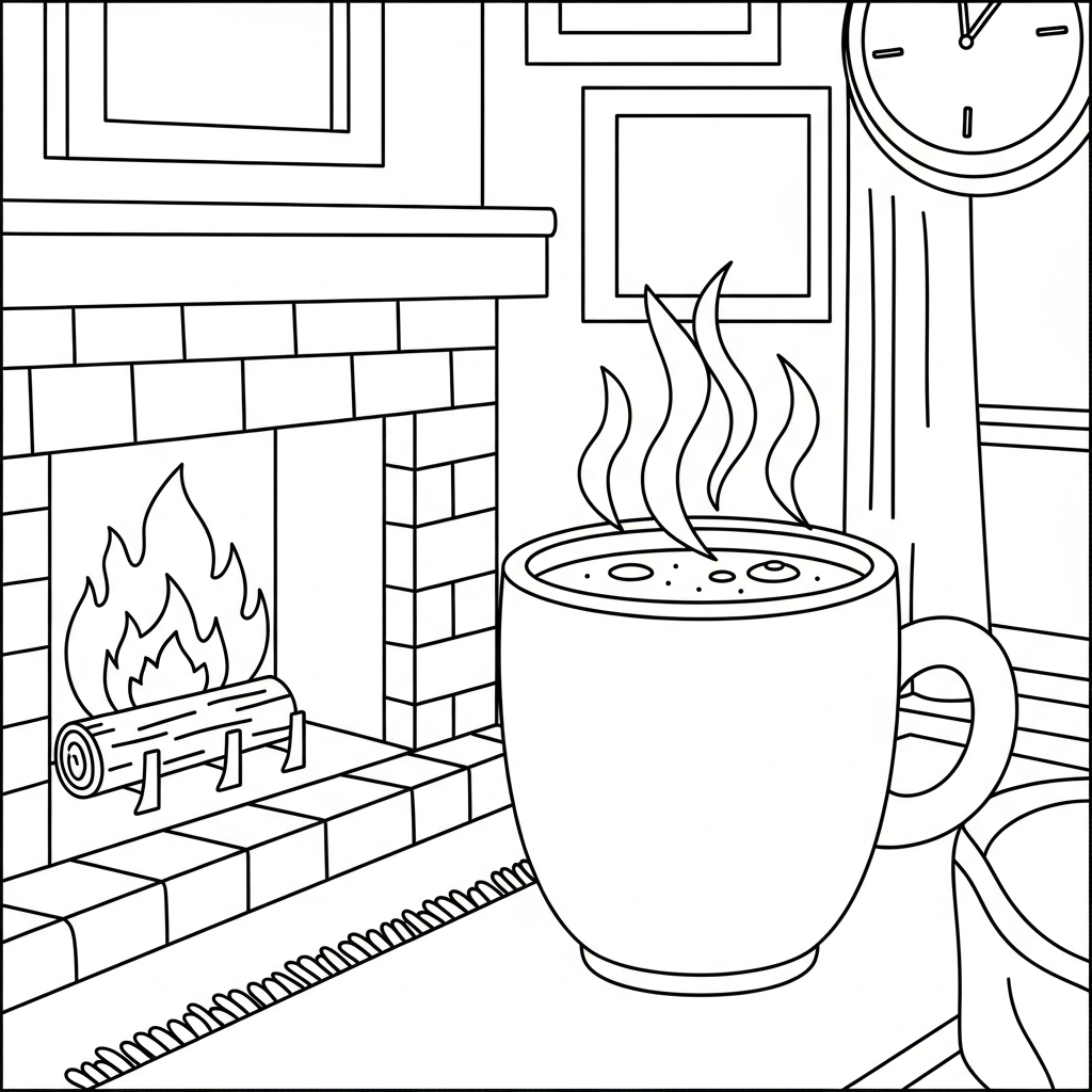 Mug de Chocolate Quente Simples e Fácil ao Lado da Lareira para Colorir coloring page