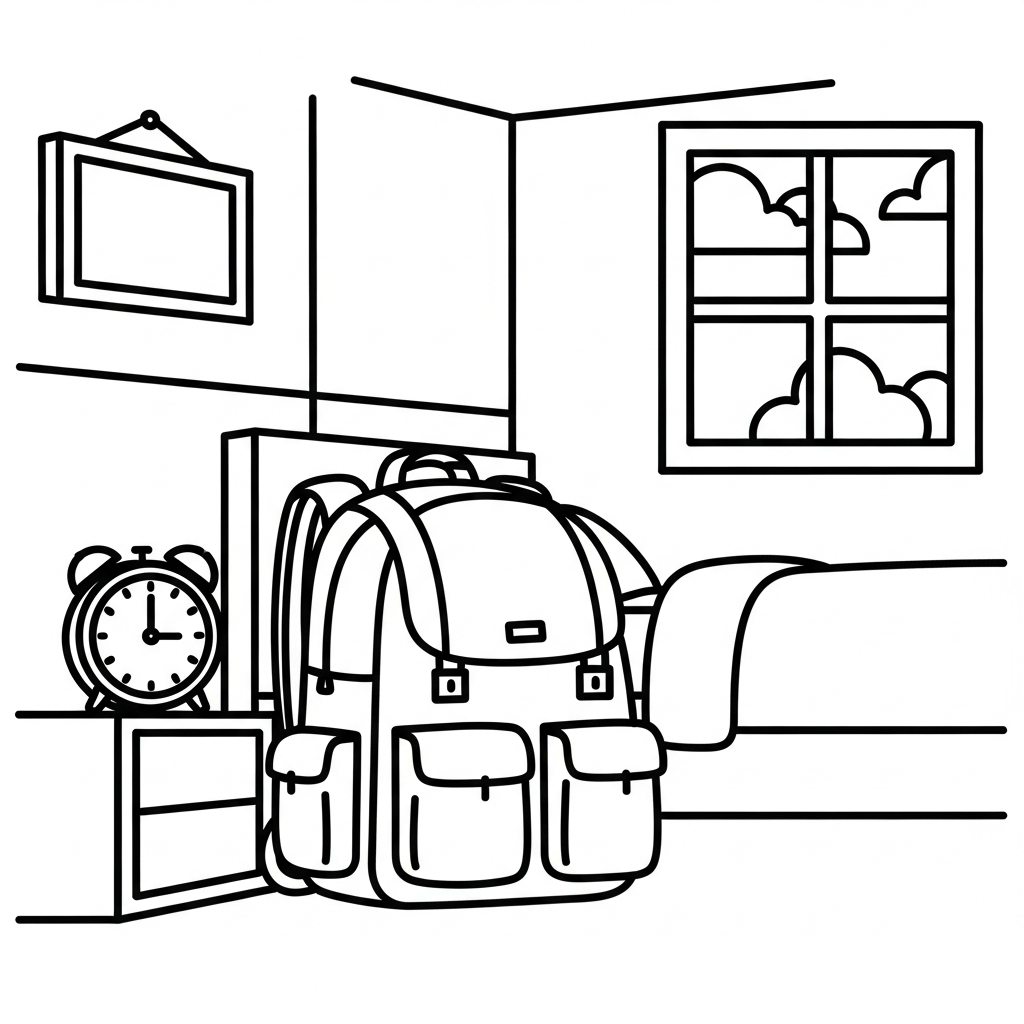 Easy Student Backpack in Bedroom Corner Coloring Page coloring page printable