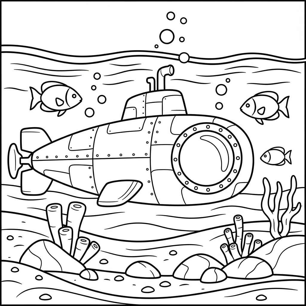 Fun Submarine Ocean Floor Coloring Page for Kids coloring page