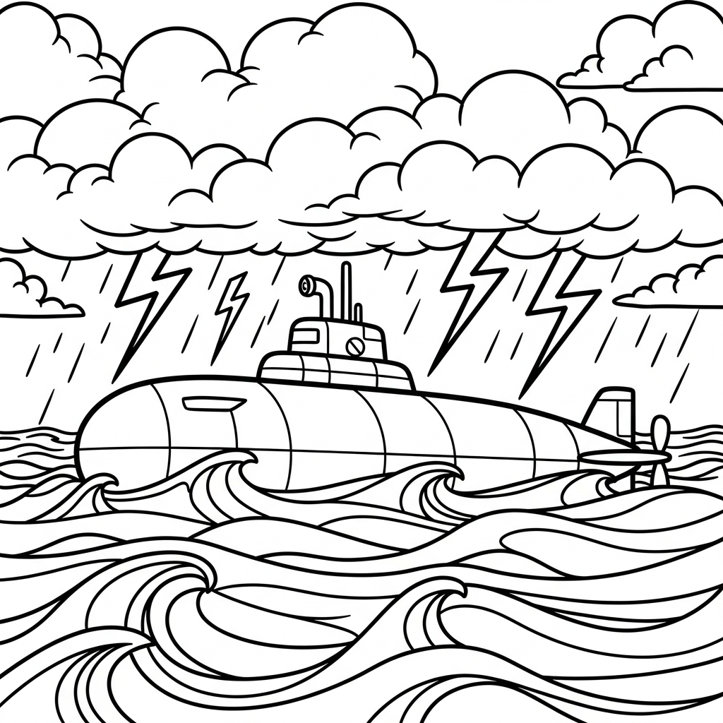 Fun Submarine Coloring Page in a Stormy Ocean coloring page